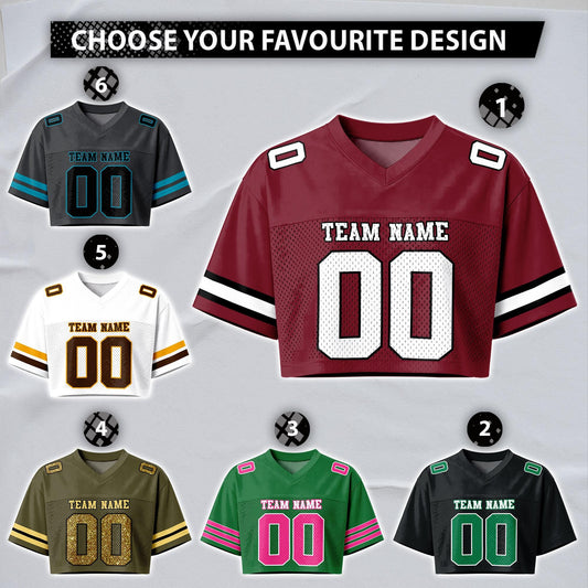 Custom Cheerleading Football Crop Top for Girls, Maroon Black White Jersey Shirt, Personalized Name Number Logo, College Game Day Outfit | DC16