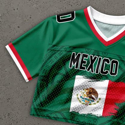 Custom Mexico Football Jersey for Women, Personalized Glitter Printed Name Number Mesh Crop Top, Green White Soccer Jersey, Mexican Shirt | VJ11