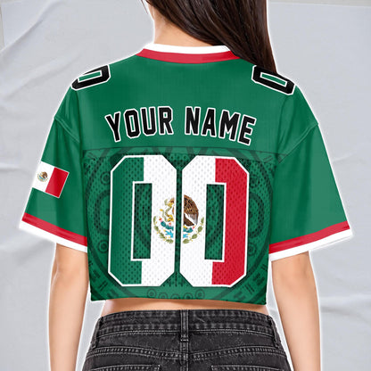 Custom Mexico Football Jersey for Women, Personalized Glitter Printed Name Number Mesh Crop Top, Green White Soccer Jersey, Mexican Shirt | VJ11