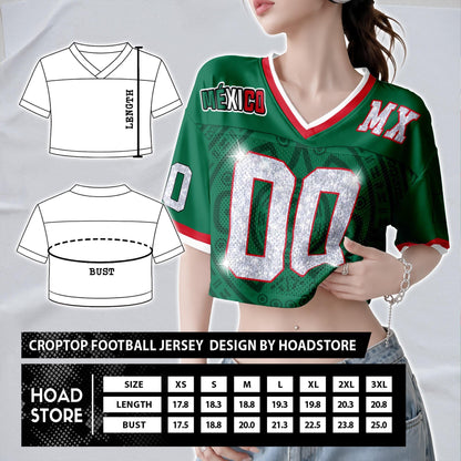 Custom Mexico Football Jersey for Women, Personalized Glitter Printed Name Number Mesh Crop Top, Green White Soccer Jersey, Mexican Shirt | IL51