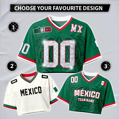Custom Mexico Football Jersey for Women, Personalized Glitter Printed Name Number Mesh Crop Top, Green White Soccer Jersey, Mexican Shirt | IL51