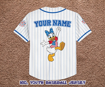 Custom America 250th Anniversary Baseball Jersey, Personalized Daisy Duck Patriotic Shirt, 4th of July Disney Family Trip Outfit | VK87