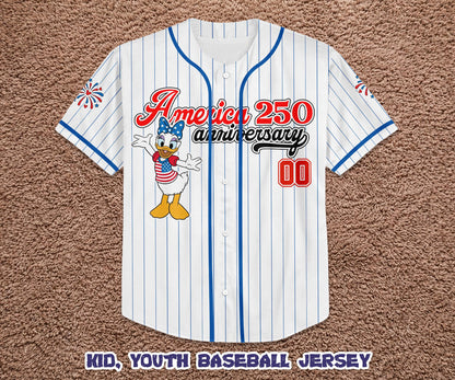 Custom America 250th Anniversary Baseball Jersey, Personalized Daisy Duck Patriotic Shirt, 4th of July Disney Family Trip Outfit | VK87