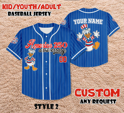 Custom Donald Duck America 250th Anniversary Baseball Jersey, Patriotic Mickey and Friends Shirt | LG18