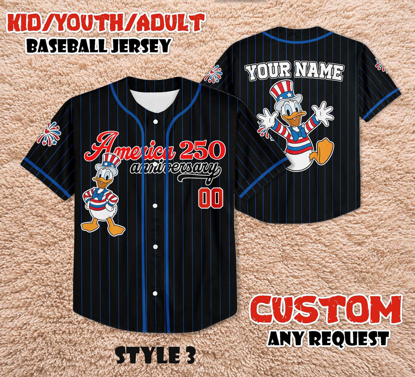 Custom Donald Duck America 250th Anniversary Baseball Jersey, Patriotic Mickey and Friends Shirt | LG18