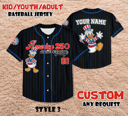 Custom Donald Duck America 250th Anniversary Baseball Jersey, Patriotic Mickey and Friends Shirt | LG18
