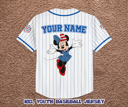 Custom America 250th Anniversary Baseball Jersey, Personalized Minnie Mouse Patriotic Shirt, 4th of July Disney Family Trip Outfit | JL76