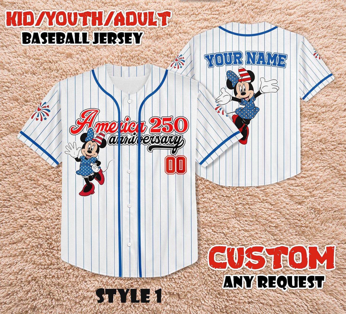 Custom America 250th Anniversary Baseball Jersey, Personalized Minnie Mouse Patriotic Shirt, 4th of July Disney Family Trip Outfit | JL76