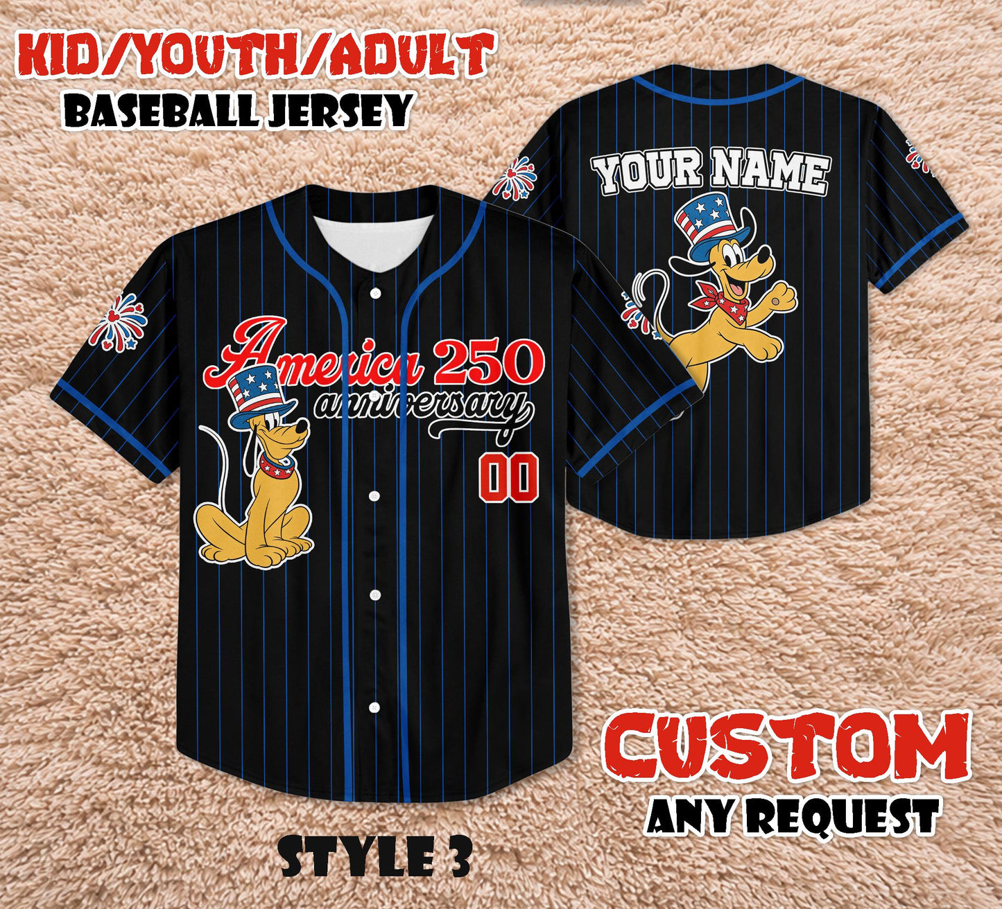 Custom America 250th Anniversary Baseball Jersey, Personalized Pluto Dog Patriotic Shirt, 4th of July Disney Family Trip Outfit | TZ84