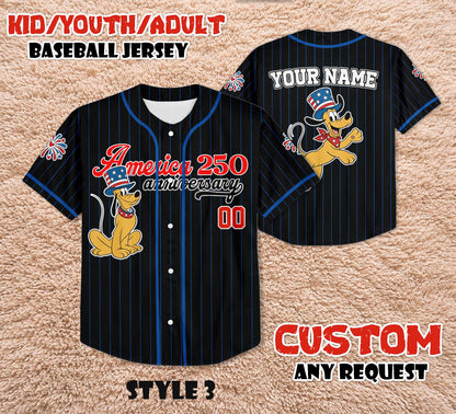 Custom America 250th Anniversary Baseball Jersey, Personalized Pluto Dog Patriotic Shirt, 4th of July Disney Family Trip Outfit | TZ84