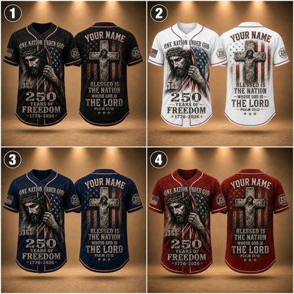 Christian Patriotic Baseball Jersey, Custom Name Jesus Jersey, One Nation Under God Shirt, 250 Years of Freedom 1776 2026 Gift, America 250 | KD30