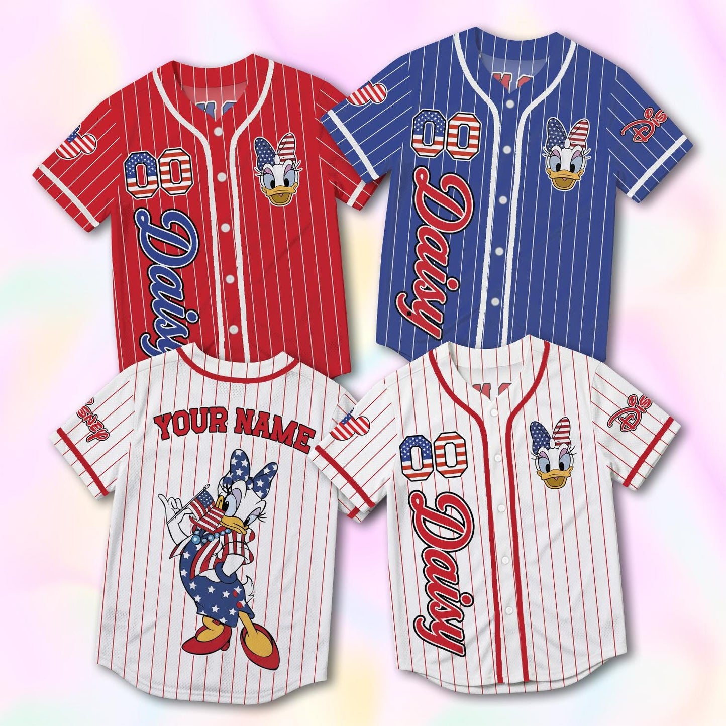 Custom Daisy Duck Baseball Jersey, USA 250th Anniversary Shirt, Personalized 1776-2026 Family Vacation Gift | WI69