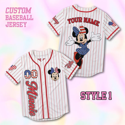 Custom Minnie Mouse Baseball Jersey, USA 250th Anniversary Shirt, Personalized 1776-2026 Disney Family Vacation Gift | PY20