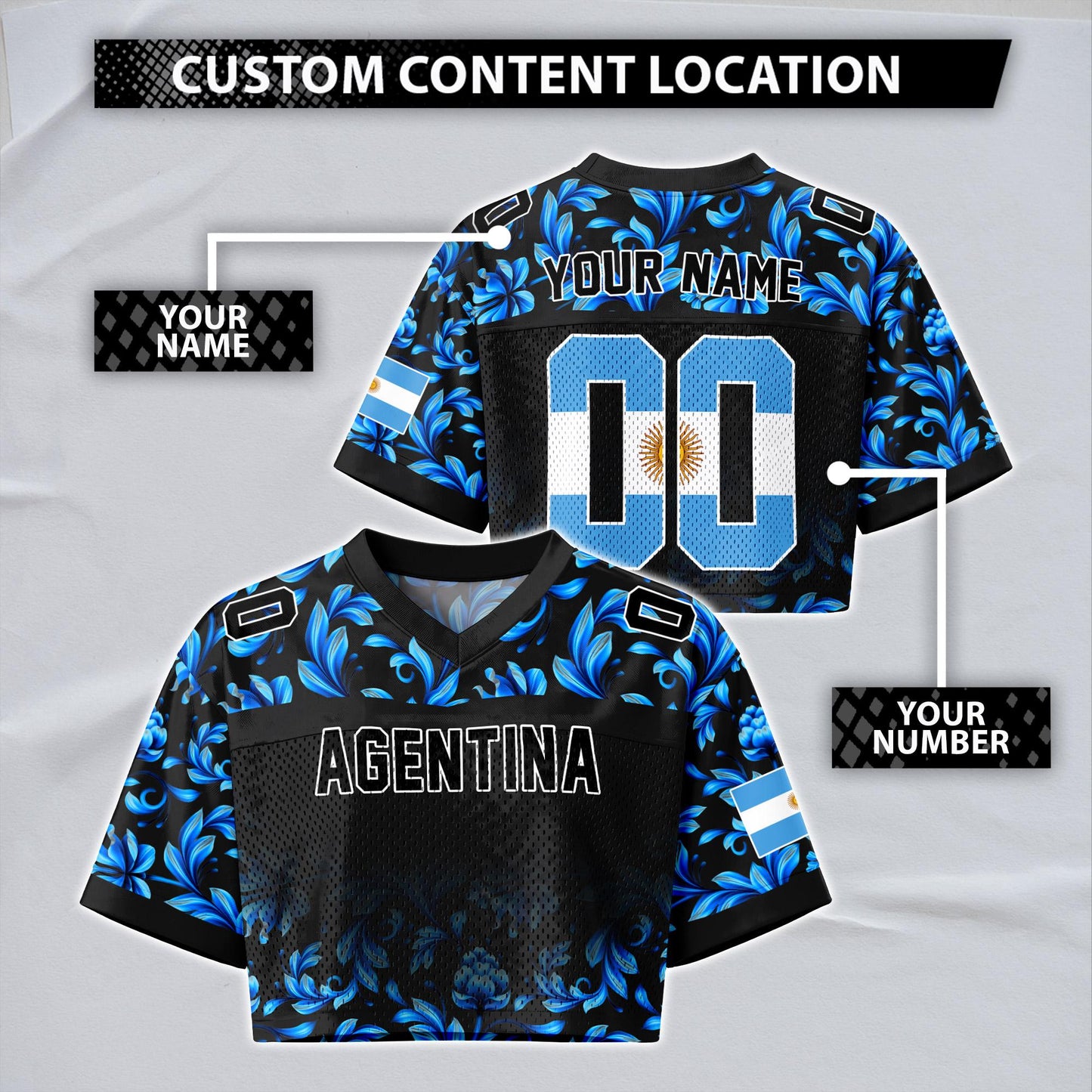 Custom Argentina Football Jersey for Women, Personalized Name Number Logo Mesh Crop Top, Blue White Soccer Jersey, Argentina Girl Shirt 2026 | YP76