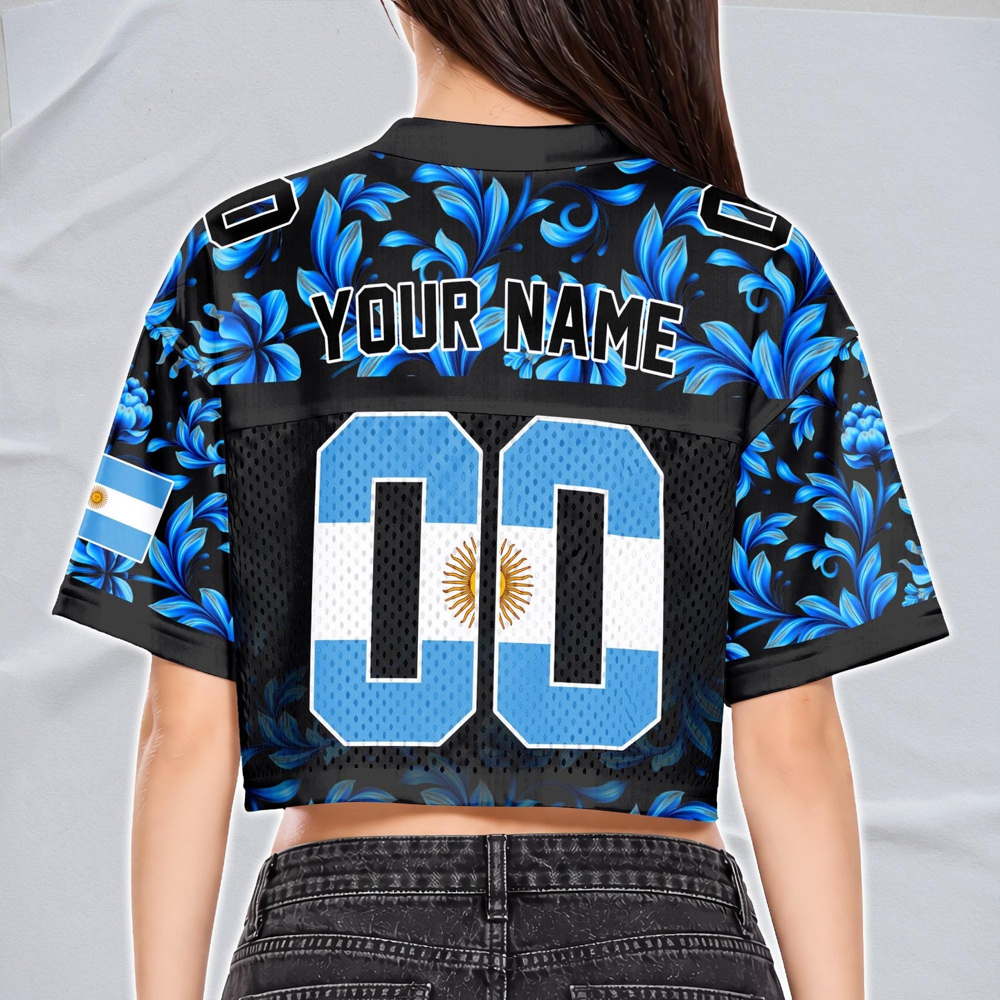 Custom Argentina Football Jersey for Women, Personalized Name Number Logo Mesh Crop Top, Blue White Soccer Jersey, Argentina Girl Shirt 2026 | YP76