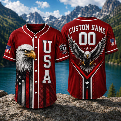 USA Eagle Baseball Jersey, Custom Name Patriotic Jersey, American Flag Shirt, Bald Eagle USA Jersey, Personalized 00 Freedom Gift | AB84