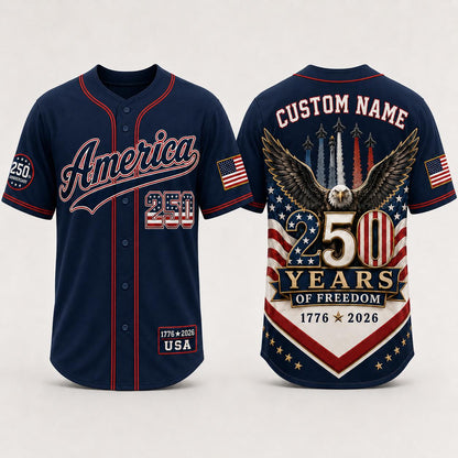 Personalized America 250 Years Baseball Jersey, Custom Name USA 250th Anniversary Jersey, 1776 2026 Freedom Shirt, Patriotic Eagle Jersey | YY18