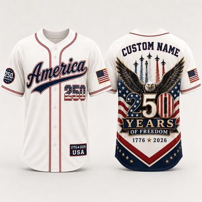 Personalized America 250 Years Baseball Jersey, Custom Name USA 250th Anniversary Jersey, 1776 2026 Freedom Shirt, Patriotic Eagle Jersey | YY18
