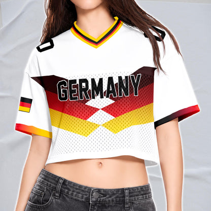 Custom Cheerleading Germany Football Jersey for Women, Personalized Printed Name Number Mesh Crop Top, White Navy Soccer Jersey,German Shirt | DG87