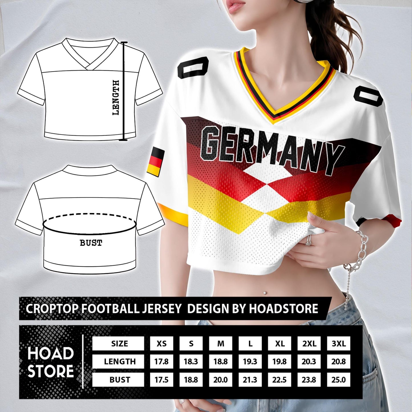 Custom Cheerleading Germany Football Jersey for Women, Personalized Printed Name Number Mesh Crop Top, White Navy Soccer Jersey,German Shirt | DG87