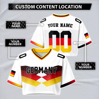 Custom Cheerleading Germany Football Jersey for Women, Personalized Printed Name Number Mesh Crop Top, White Navy Soccer Jersey,German Shirt | DG87