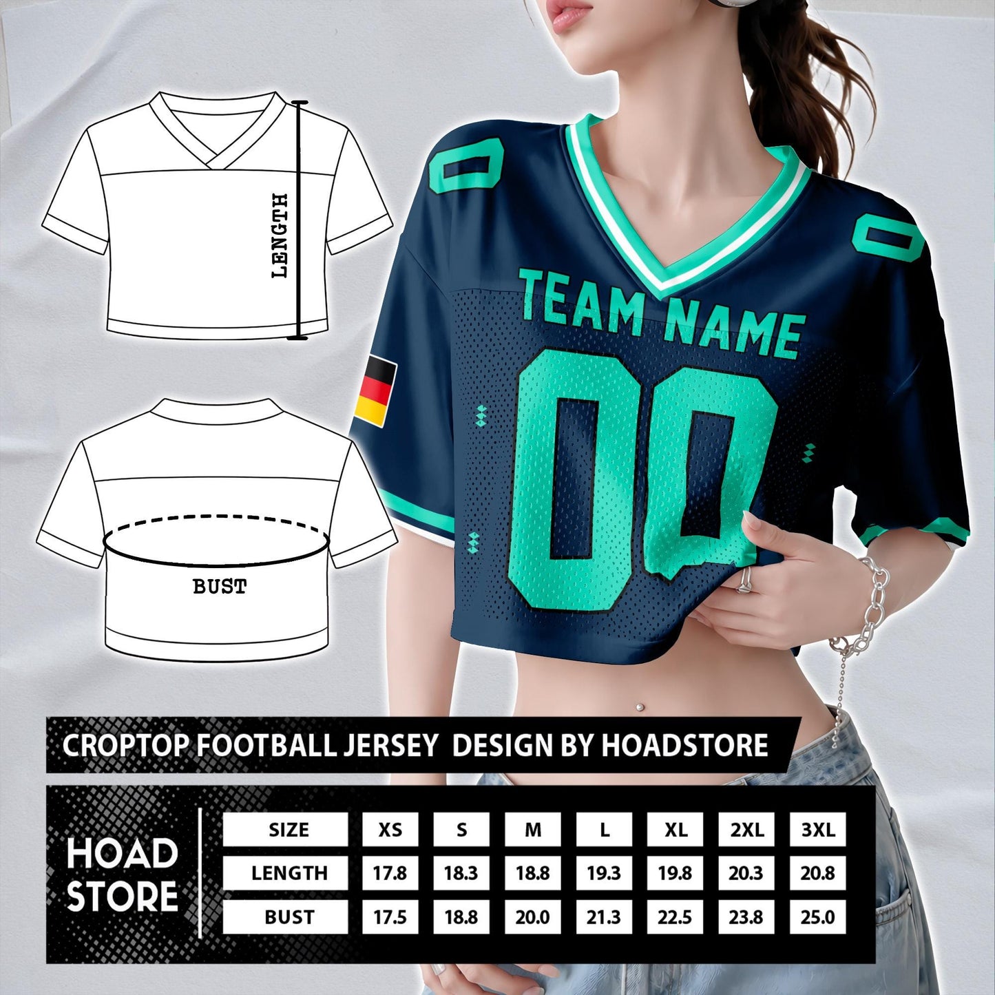 Custom Cheerleading Germany Football Jersey for Women, Personalized Printed Name Number Mesh Crop Top, White Navy Soccer Jersey,German Shirt | PM17
