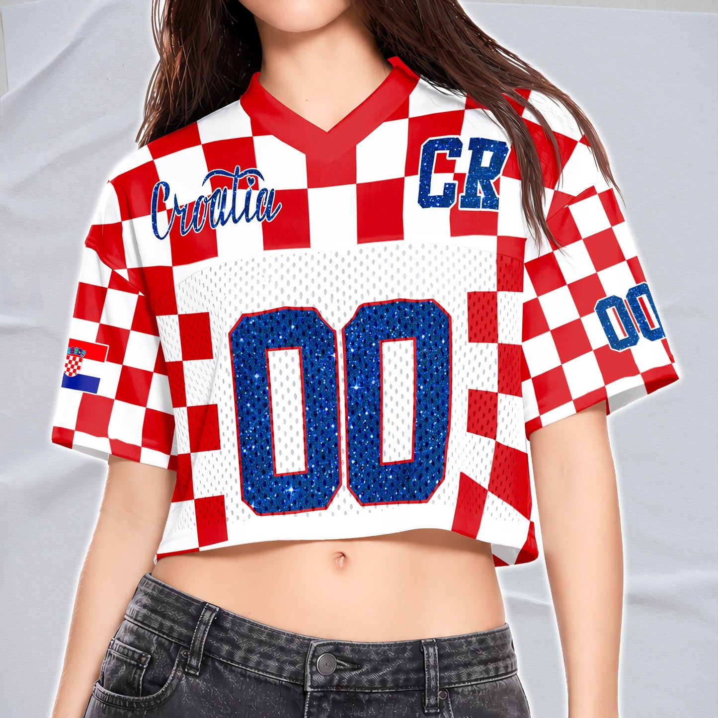 Custom Cheerleading Croatia Football Jersey for Women, Personalized Printed Name Number Mesh Crop Top, Red White Soccer Jersey,Croatia Shirt | HC45