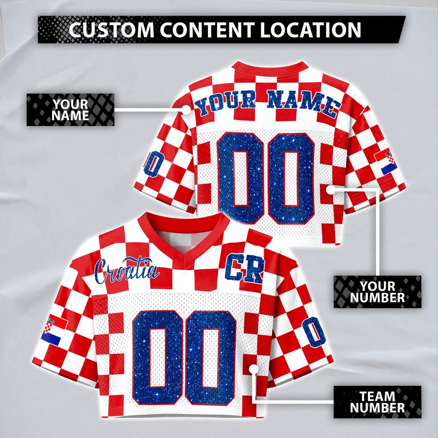 Custom Cheerleading Croatia Football Jersey for Women, Personalized Printed Name Number Mesh Crop Top, Red White Soccer Jersey,Croatia Shirt | HC45