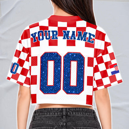 Custom Cheerleading Croatia Football Jersey for Women, Personalized Printed Name Number Mesh Crop Top, Red White Soccer Jersey,Croatia Shirt | HC45