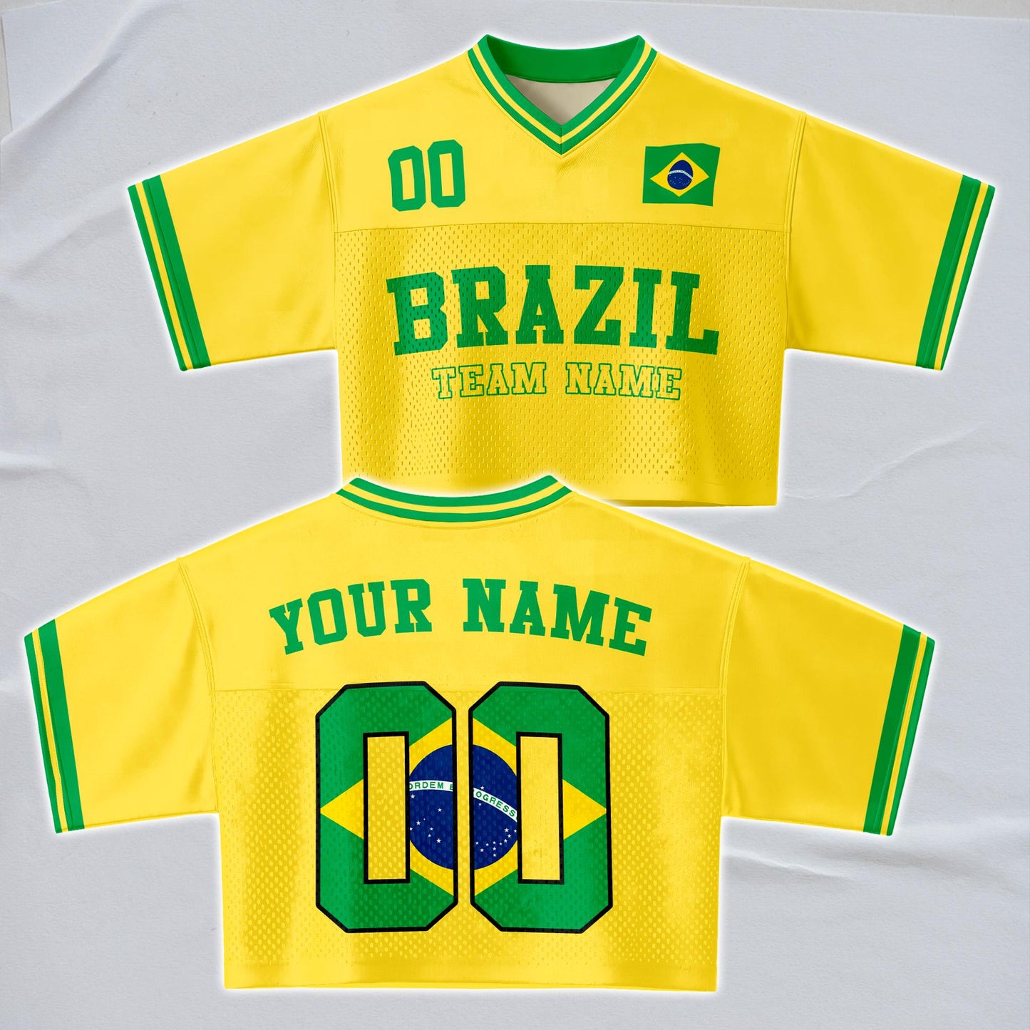 Custom Cheerleading Brasil Football Jersey for Women, Personalized Printed Name Number Mesh Crop Top,Green Yellow Soccer Jersey,Brazil Shirt | MX65