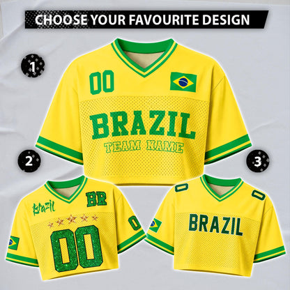 Custom Cheerleading Brasil Football Jersey for Women, Personalized Printed Name Number Mesh Crop Top,Green Yellow Soccer Jersey,Brazil Shirt | MX65