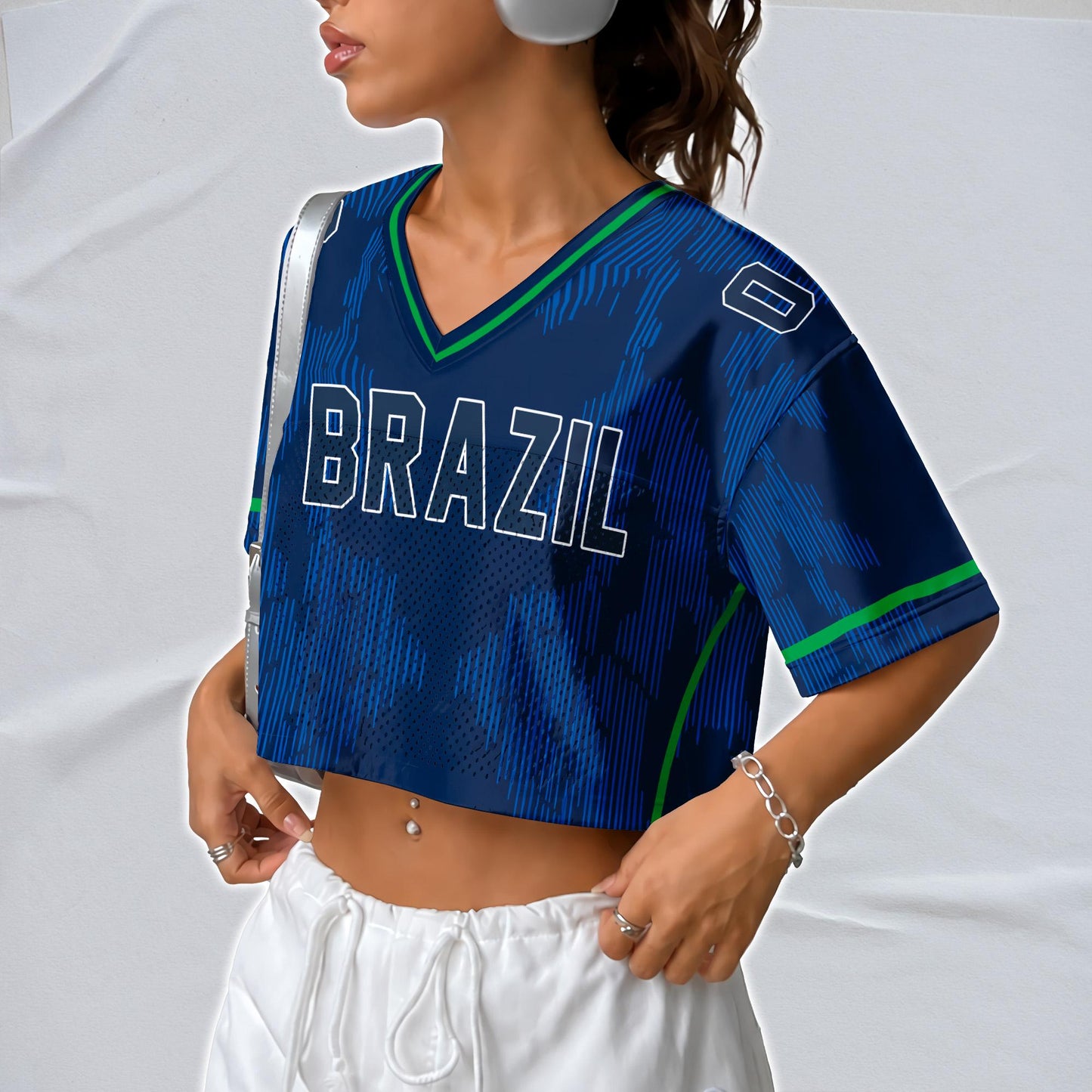 Custom Cheerleading Brasil Football Jersey for Women, Personalized Printed Name Number Mesh Crop Top,Green Yellow Soccer Jersey,Brazil Shirt | HI50