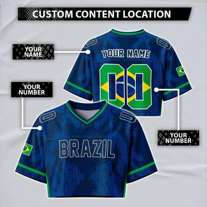 Custom Cheerleading Brasil Football Jersey for Women, Personalized Printed Name Number Mesh Crop Top,Green Yellow Soccer Jersey,Brazil Shirt | HI50