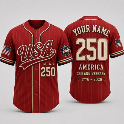 USA 250th Anniversary Baseball Jersey, Personalized USA 250 Shirt, America 1776-2026 Shirt, Patriotic Baseball Jersey, Independence Day Gift | SW27