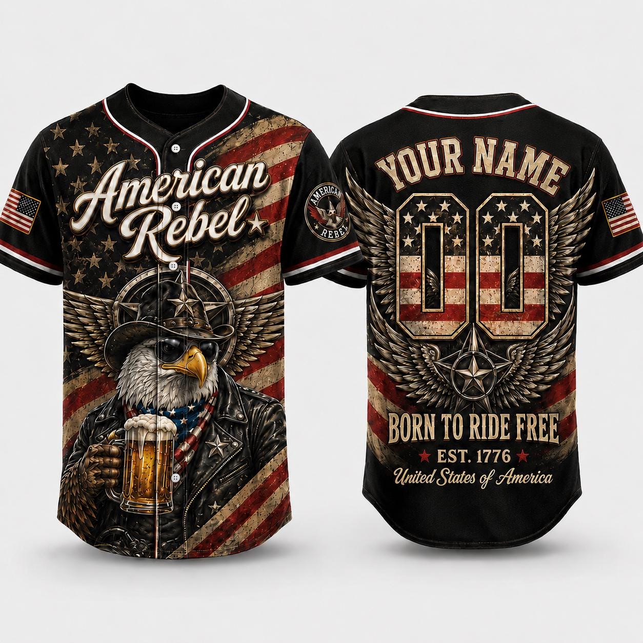 American Rebel Baseball Jersey, Custom Patriotic Eagle Jersey, USA Shirt, Born To Ride Free Biker Jersey, 4th Of July Gift For Men | JH34
