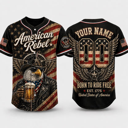 American Rebel Baseball Jersey, Custom Patriotic Eagle Jersey, USA Shirt, Born To Ride Free Biker Jersey, 4th Of July Gift For Men | JH34