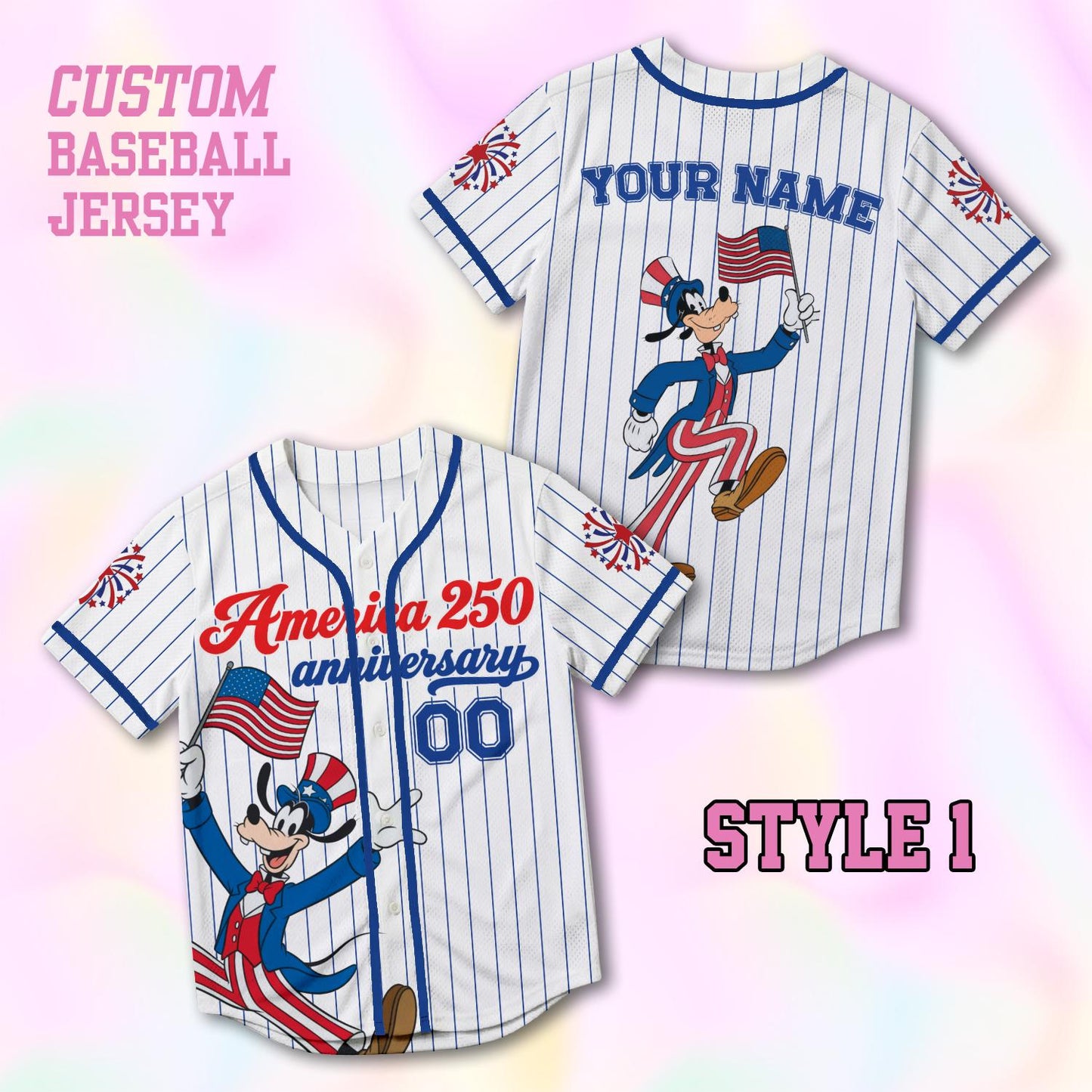 Custom Goofy America 250th Anniversary Baseball Jersey, Personalized Disney 4th of July Shirt, Patriotic Dog Independence Day Gift Tee | GY53