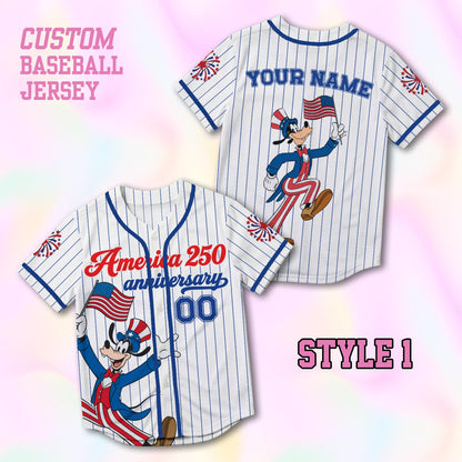 Custom Goofy America 250th Anniversary Baseball Jersey, Personalized Disney 4th of July Shirt, Patriotic Dog Independence Day Gift Tee | GY53