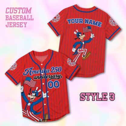 Custom Goofy America 250th Anniversary Baseball Jersey, Personalized Disney 4th of July Shirt, Patriotic Dog Independence Day Gift Tee | GY53