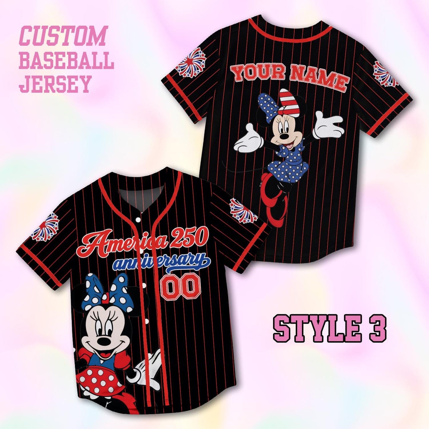 Custom Minnie America 250th Anniversary Baseball Jersey, Personalized Disney 4th of July Shirt, Patriotic Mouse Independence Day Gift Tee | WL27