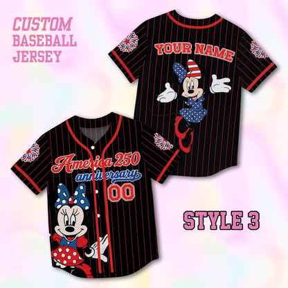 Custom Minnie America 250th Anniversary Baseball Jersey, Personalized Disney 4th of July Shirt, Patriotic Mouse Independence Day Gift Tee | WL27