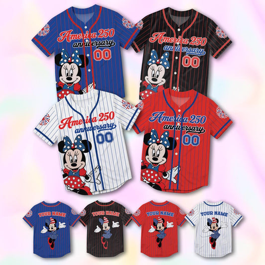 Custom Minnie America 250th Anniversary Baseball Jersey, Personalized Disney 4th of July Shirt, Patriotic Mouse Independence Day Gift Tee | WL27