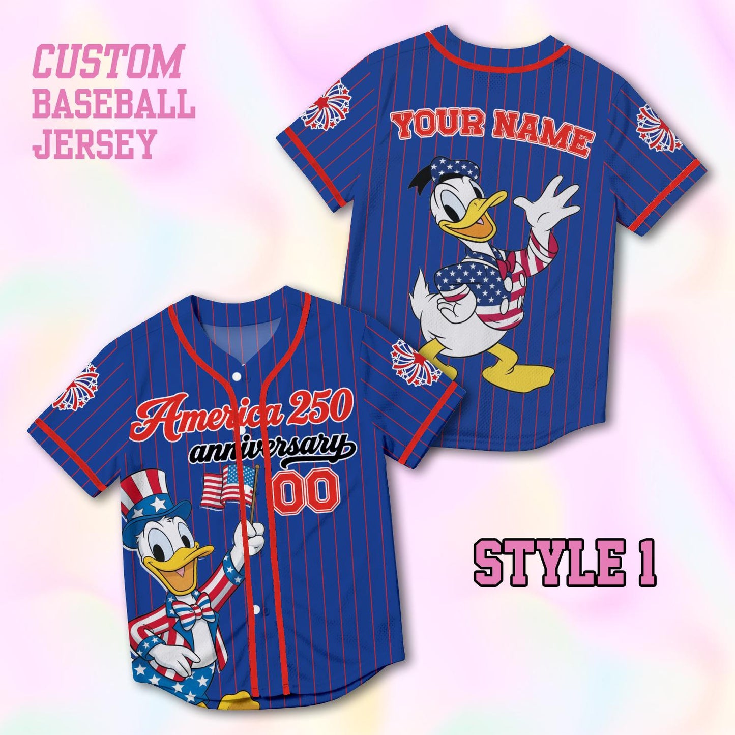 Custom Donald America 250th Anniversary Baseball Jersey, Personalized Disney 4th of July Shirt, Patriotic Duck Independence Day Gift Tee | EA22