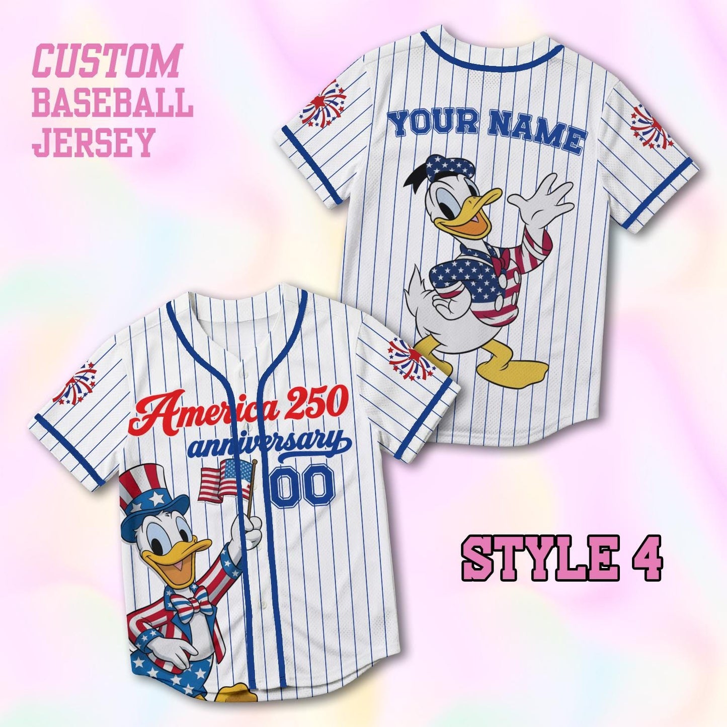 Custom Donald America 250th Anniversary Baseball Jersey, Personalized Disney 4th of July Shirt, Patriotic Duck Independence Day Gift Tee | EA22