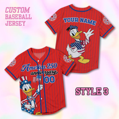 Custom Donald America 250th Anniversary Baseball Jersey, Personalized Disney 4th of July Shirt, Patriotic Duck Independence Day Gift Tee | EA22
