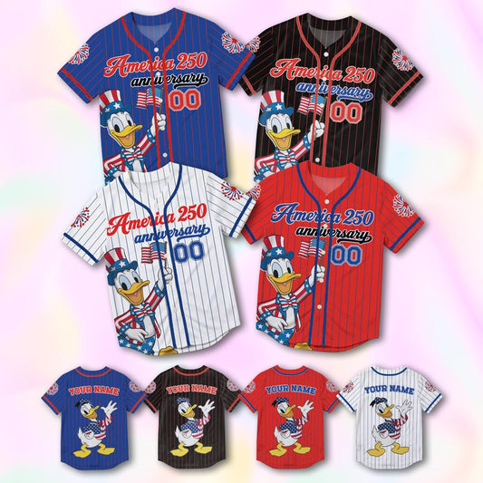 Custom Donald America 250th Anniversary Baseball Jersey, Personalized Disney 4th of July Shirt, Patriotic Duck Independence Day Gift Tee | EA22
