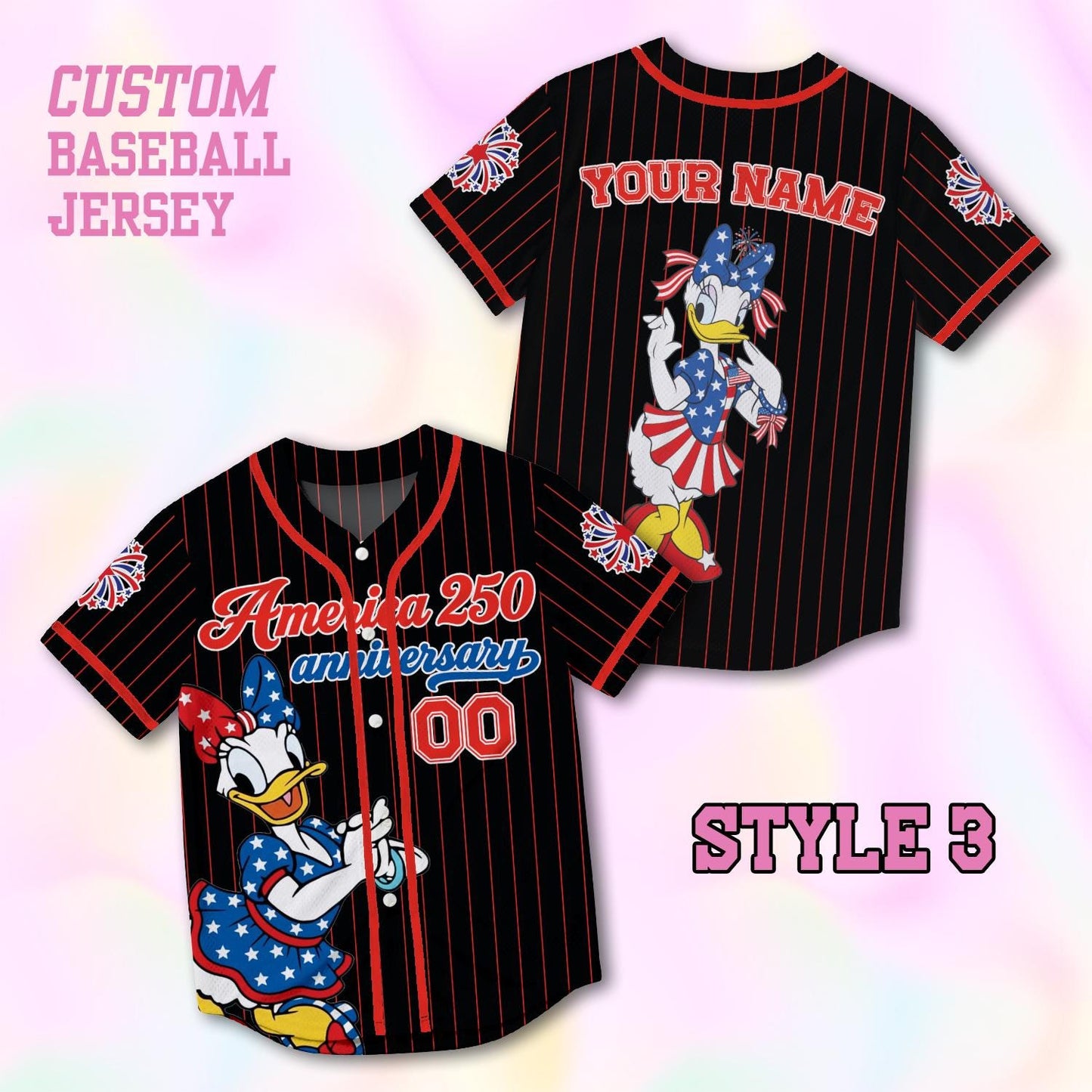 Custom Daisy America 250th Anniversary Baseball Jersey, Personalized Disney 4th of July Shirt, Patriotic Duck Independence Day Gift Tee | QV27