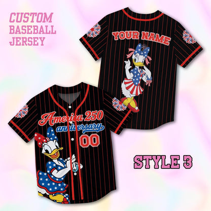 Custom Daisy America 250th Anniversary Baseball Jersey, Personalized Disney 4th of July Shirt, Patriotic Duck Independence Day Gift Tee | QV27