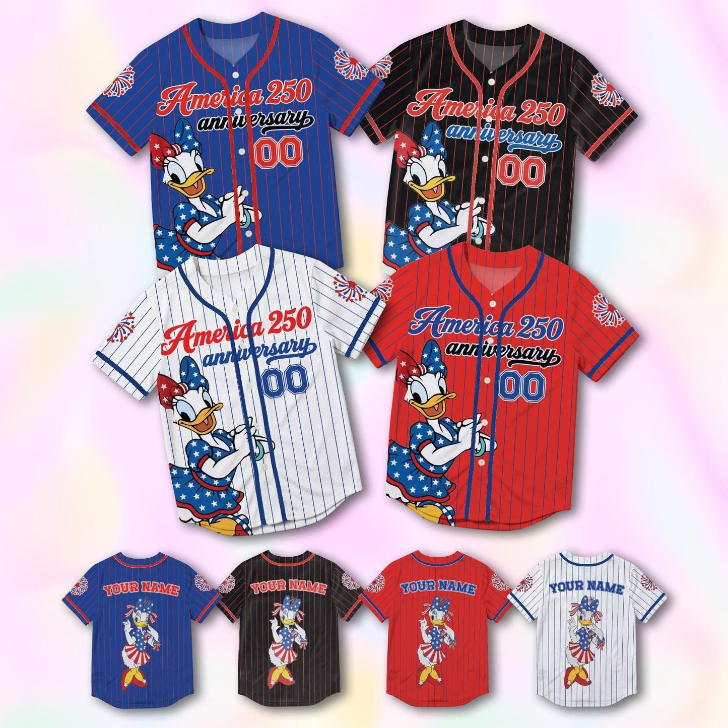 Custom Daisy America 250th Anniversary Baseball Jersey, Personalized Disney 4th of July Shirt, Patriotic Duck Independence Day Gift Tee | QV27