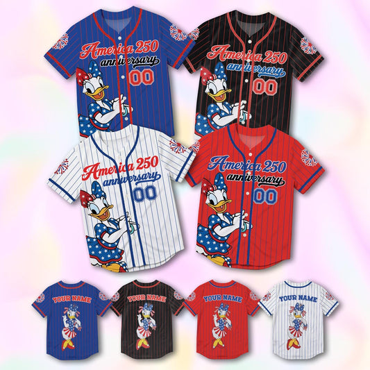 Custom Daisy America 250th Anniversary Baseball Jersey, Personalized Disney 4th of July Shirt, Patriotic Duck Independence Day Gift Tee | QV27
